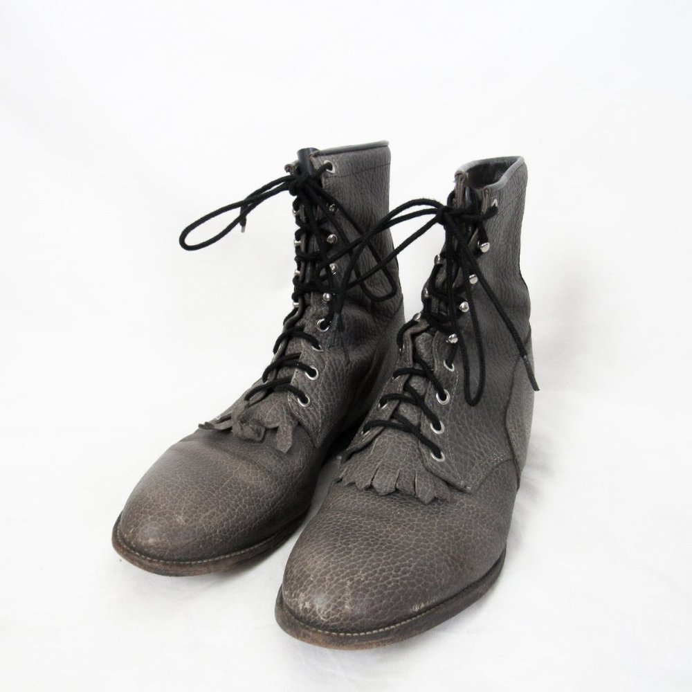 VINTAGE 1980s Justins Pebbled Leather Lace up Boots Cowboy Western-10.5 D Mens - Picture 15 of 15